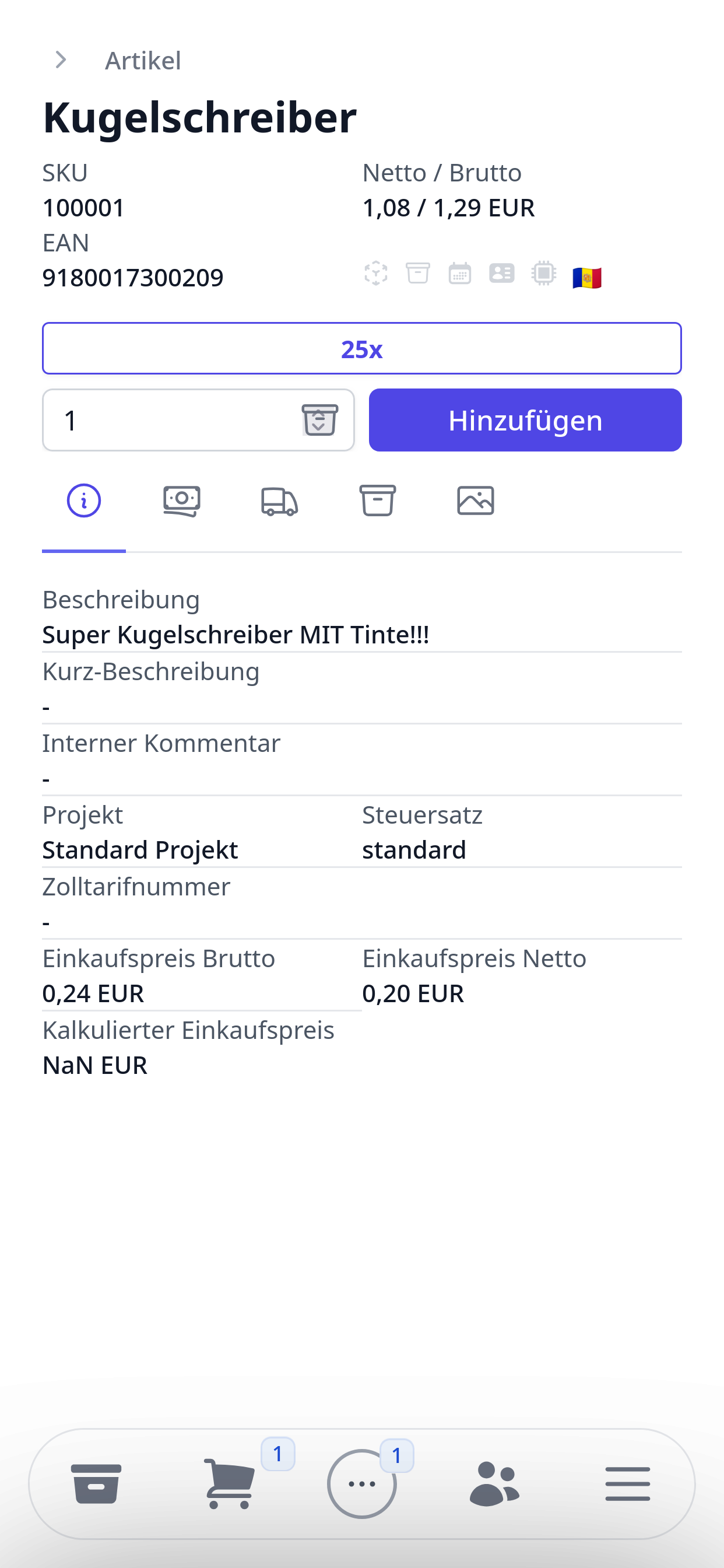 XentralGo Sales Artikelstamm Screenshot